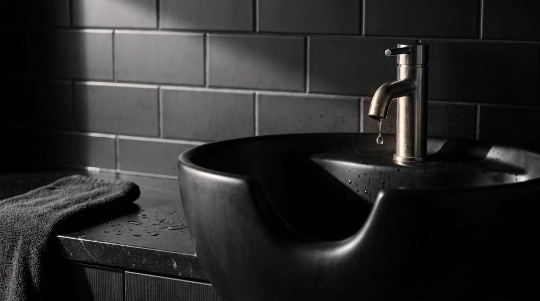 Leere Waschstation in einem Barbershop: mattschwarzes Becken mit Wassertropfen an der Armatur