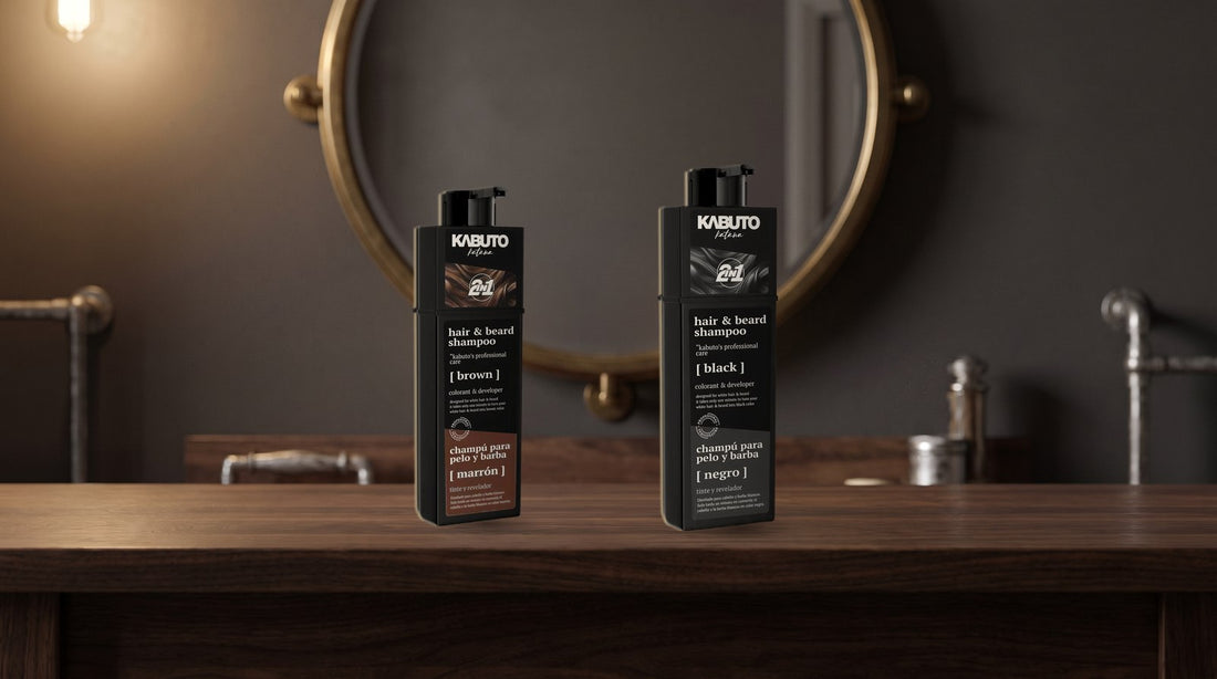 Kabuto Katana Haar & Bart Farbshampoo in Braun und Schwarz auf einem Barbertresen