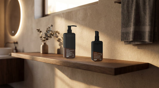 Kabuto Bartshampoo und Bart- & Schnurrbartöl 90 ml auf einem Eichenbrett im Badezimmer