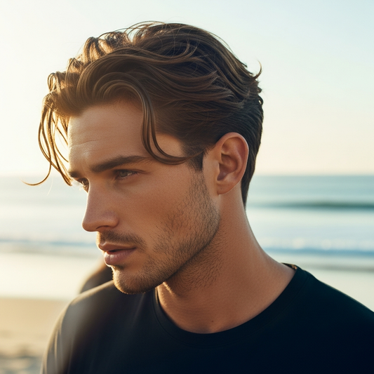 Mann mit Beach Waves am Meer – Sea Salt Spray Styling von Kabuto Katana