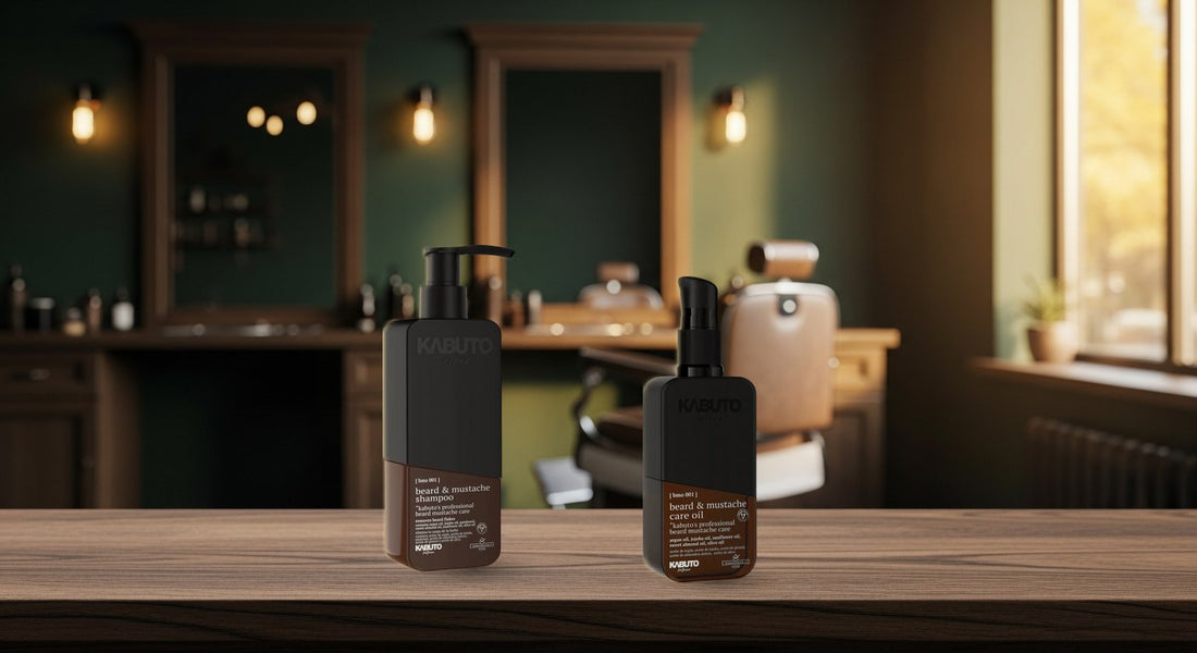 Kabuto Bartshampoo und Bart- & Schnurrbartöl auf dem Tresen eines herbstlichen Barbershops — Movember