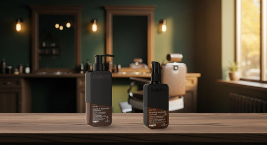 Kabuto Bartshampoo und Bart- & Schnurrbartöl auf dem Tresen eines herbstlichen Barbershops — Movember
