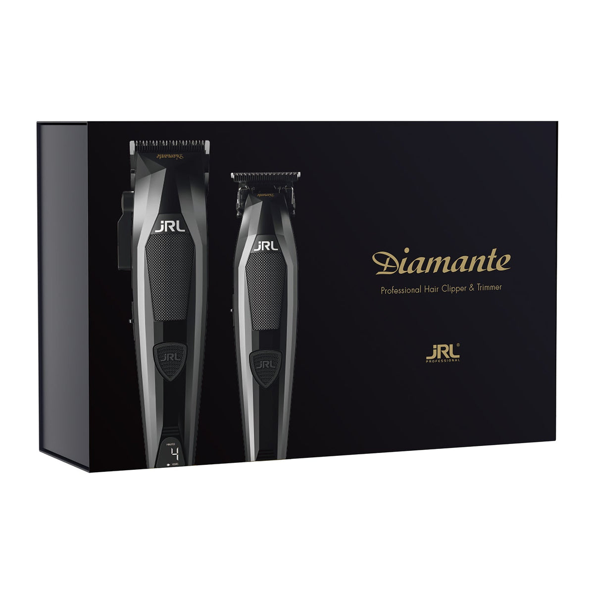 JRL Diamante Set schwarz: Verpackung, schwarzer Karton mit Abbildung von Haarschneidemaschine und Trimmer