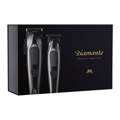 JRL Diamante Set schwarz: Verpackung, schwarzer Karton mit Abbildung von Haarschneidemaschine und Trimmer