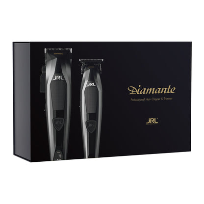 JRL Diamante Set schwarz: Verpackung, schwarzer Karton mit Abbildung von Haarschneidemaschine und Trimmer
